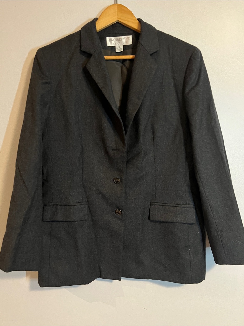 Jones New York Dark Charcoal Gray Wool Tailored Blazer sz 16
